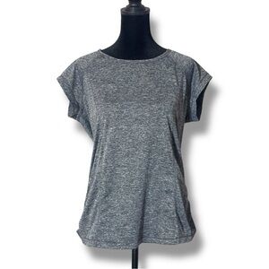 Gray Relaxed Fit Athletic Top Open Back Design Size L Crew Neck Short Sleeve Tee